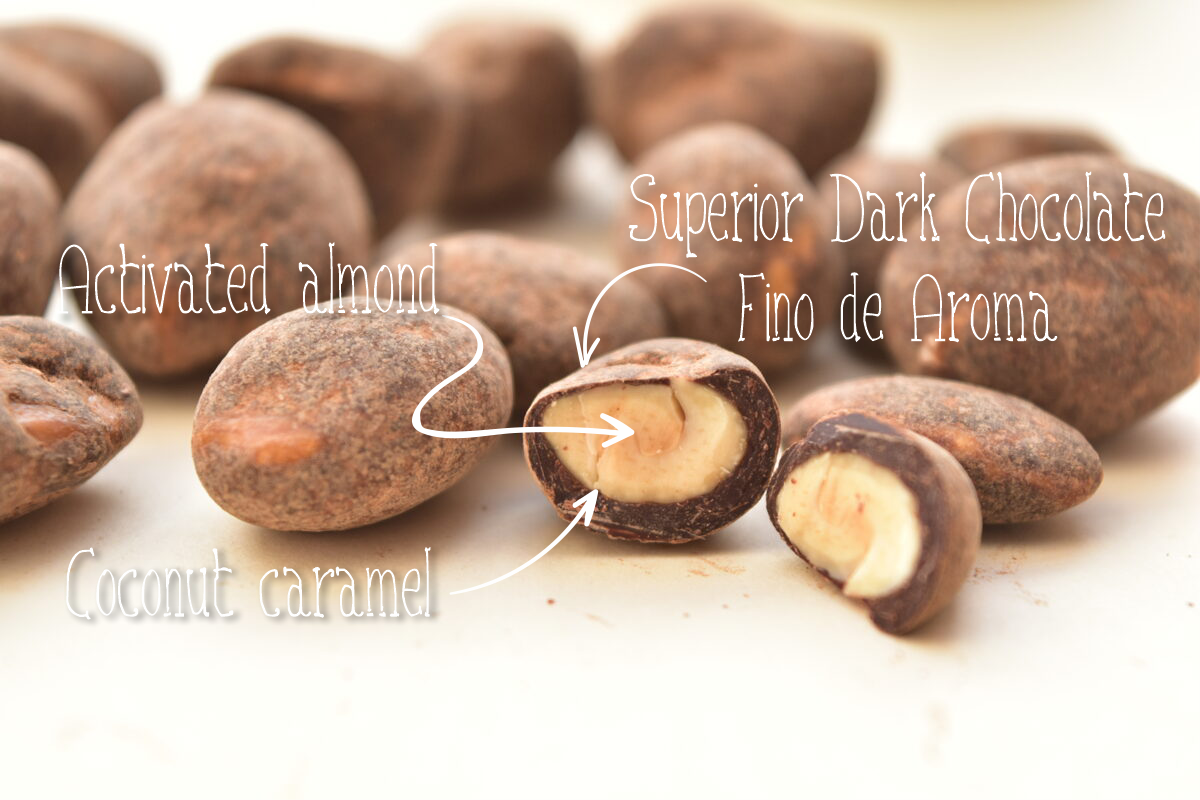 Caramelized almonds in dark chocolate