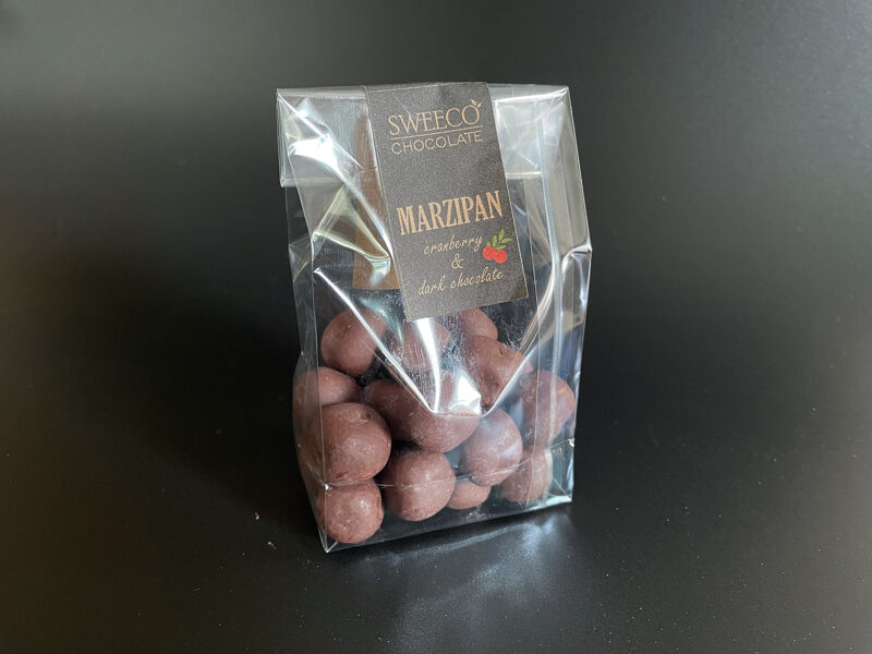 Marzipan with cranberries in dark chocolate